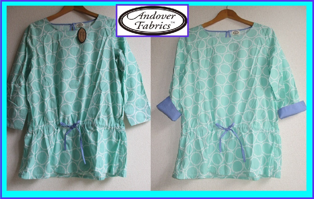 ☆爽やかミントグリーン アメリカン Andover Fabricsアンドバー ファブリック ふんわりチュニック NY 未使用ドット柄 水玉拍卖