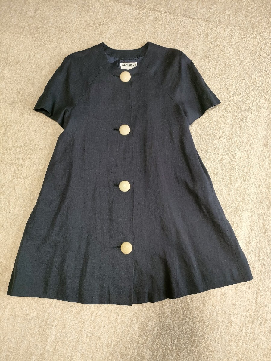 スペイン製 Lydia Delgado クラシカル Aライン 麻 ワンピース くるみボタン 半袖 フリーサイズ リディア・デルガド バルセロナ拍卖