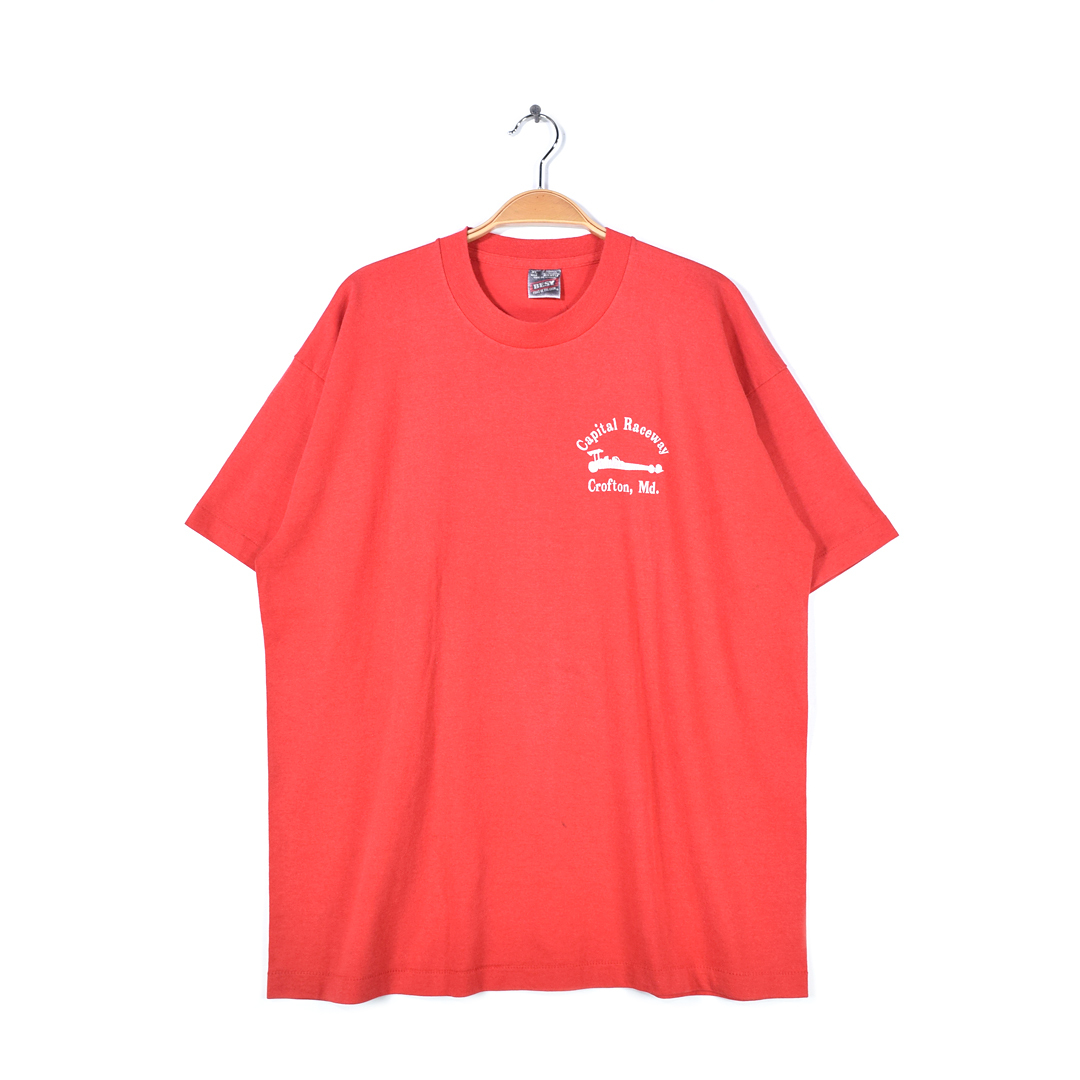 【送料無料】90s ドラッグレース USA製 ヴィンテージTシャツ バックプリント 赤 レッド シングルステッチ メンズXL 古着 @BZ0336拍卖