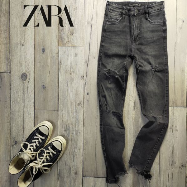 ☆ZARA TRAFALUC DENIM WEAR ザラ☆USED クラッシュ加工 ストレッチ ブラック スキニー デニム レディース W24 S932拍卖