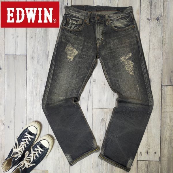 ☆EDWIN エドウィン☆503RV USED クラッシュ リペア加工 ブラック デニム W28 S1085拍卖