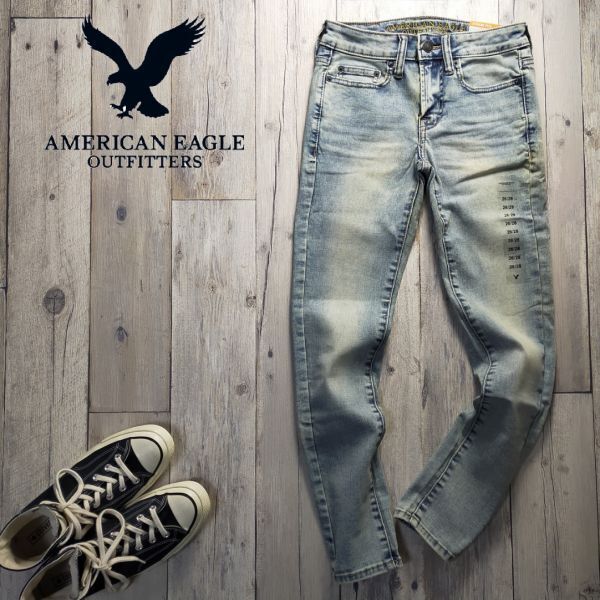 未使用☆AMERICAN EAGRE アメリカンイーグル☆EXTREME FLEX SUPER SKINNY ストレッチ USED加工 デニム レディース W26 S894拍卖