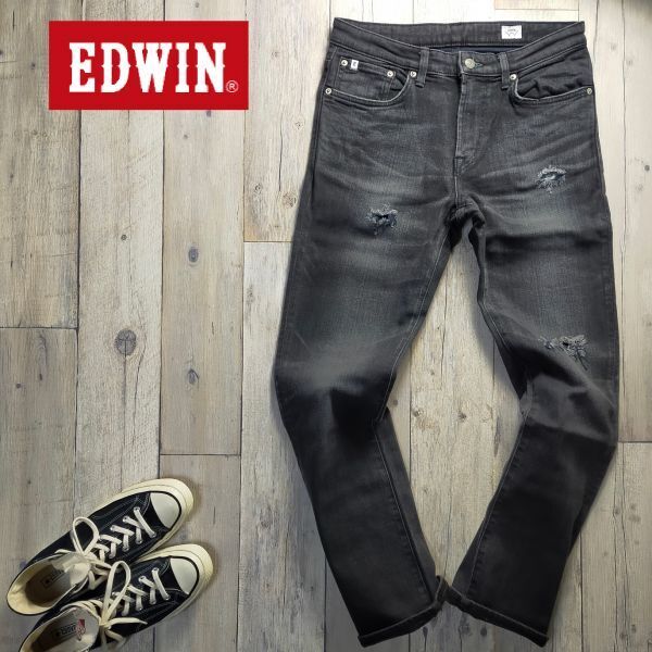 ☆EDWIN エドウィン☆USED クラッシュ加工 ストレッチ スリム ストレート デニム パンツ W32 S564拍卖