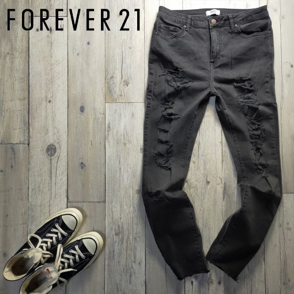 ☆FOREVER21 フォーエバー21☆USEDクラッシュ加工 ブラック スキニー ストレッチ デニム パンツ W30 S540拍卖