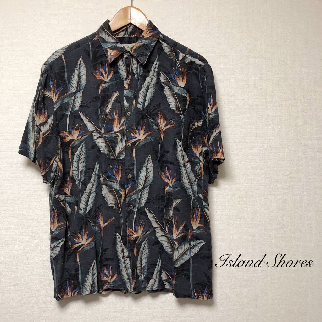 Island Shores /メンズM アロハシャツ 半袖シャツ レーヨンシャツ 柄シャツ リーフ柄 ハワイアン 涼感 夏 アメカジ USA古着拍卖