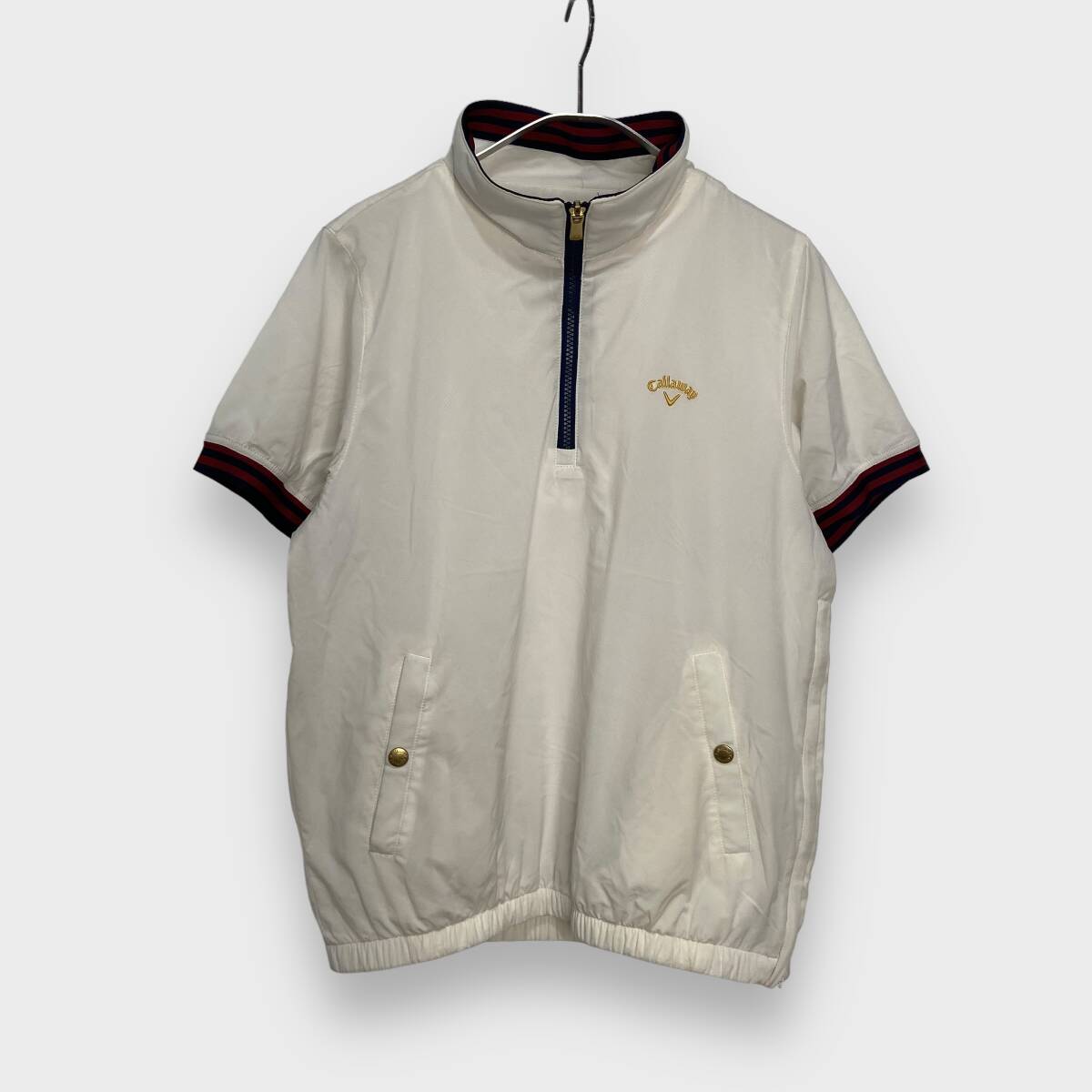 送料無料☆Callaway☆X-SERIES☆キャロウェイ☆ハーフジップ半袖プルオーバー☆半袖☆ナイロン☆ホワイト☆レディースL☆H24M☆拍卖