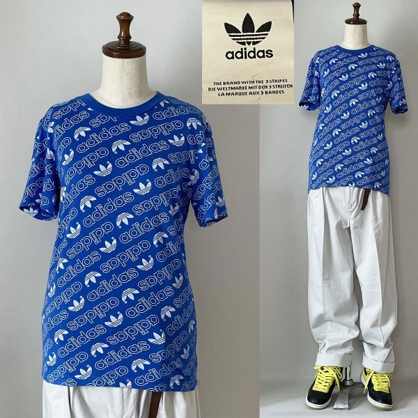★【国内正規品 総柄◎】Y2K 00s ビンテージ adidas アディダス コットン100% 総柄 トレフォイル ロゴ Tシャツ 日本 S サイズ ブルー系拍卖
