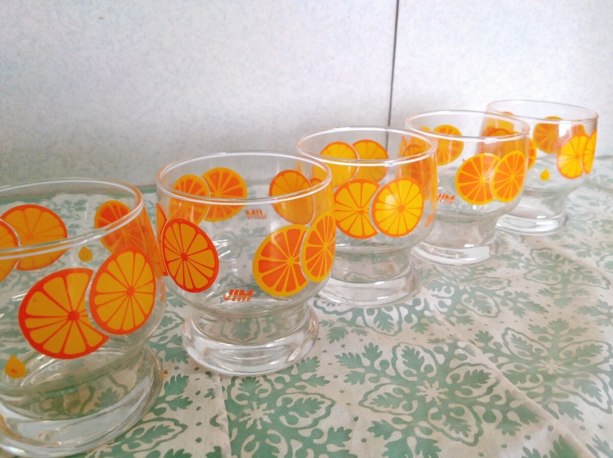● 昭和 レトロ ポップ 雑貨 JIM オレンジ/イエロー 輪切り オレンジ グラス 5客セット ヴィンテージ ③拍卖