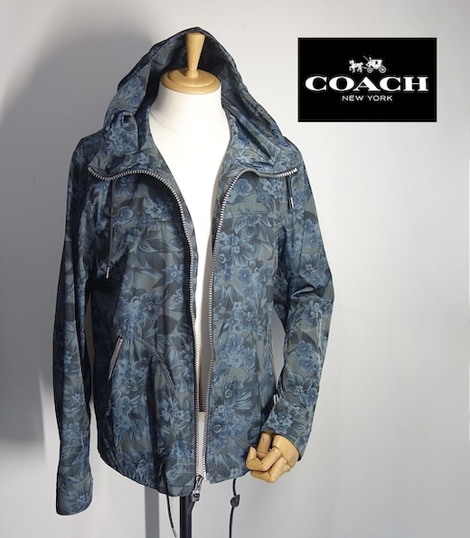 TK 新品近 コーチ COACH 総柄 フラワー柄 ナイロンジャケット フード付 グレー系拍卖