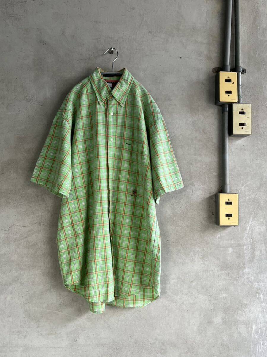 90s 90年代 OLD TOMMY HILFIGER オールド トミーヒルフィガー グリーン チェック 半袖シャツ 当時 ビンテージ 古着 BIG 大きいサイズ拍卖