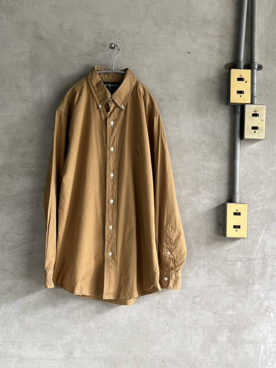 90s 90年代 OLD ラルフローレン POLO ポロ オールド 無地 BD ボタンダウン 長袖シャツ 当時 ビンテージ 古着 BIG 大きい ワーク系 ベージュ拍卖