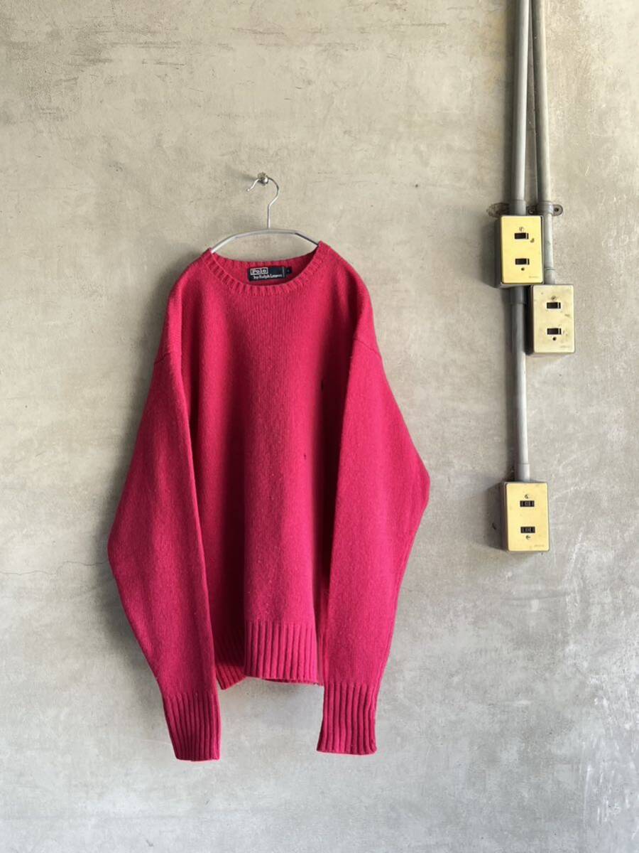 90s 90年代 ラルフローレン POLO ポロ ケーブル ショッキングピンク 無地 セーター ニット 当時 ビンテージ 古着 ビッグ シルエット ウール拍卖
