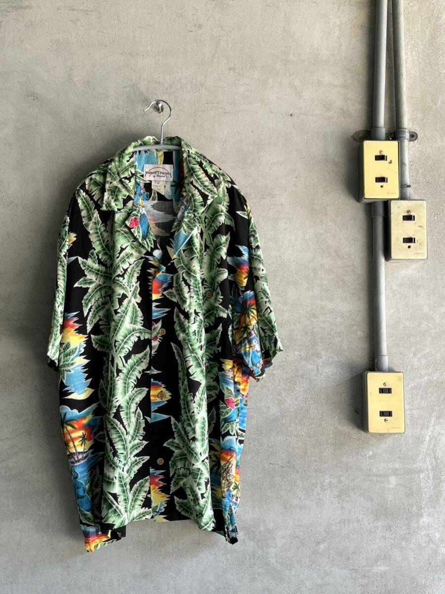 90s 90年代 00s 2000年代 MICHELLES Fashionアロハシャツ ハワイアン 総柄 ビンテージ 古着 半袖 US ブラック 黒 ボーダー パターン リーフ拍卖