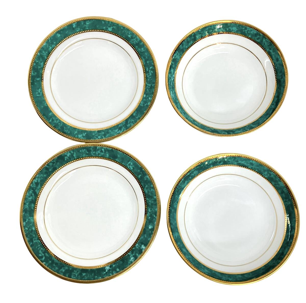 (志)【未使用】Ashford/アッシュフォード プレート×2 深皿×2 計4枚セット 9464 VESUVIO グリーン 金彩 平皿 パスタ スープ皿拍卖