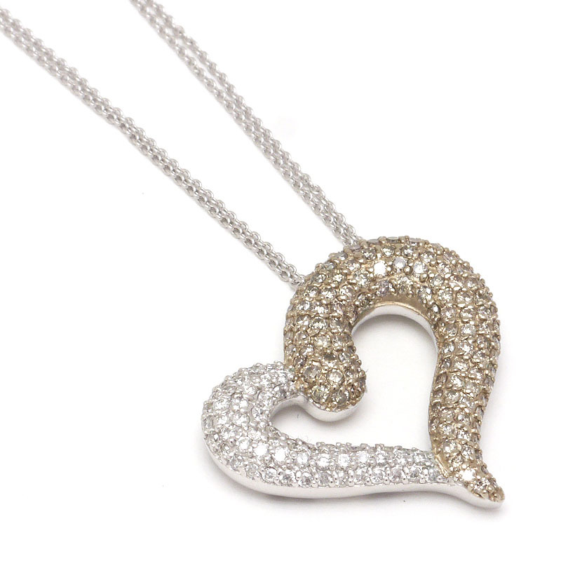 ダイヤモンドネックレス K18WG・ダイヤ0.41ct・ブラウンダイヤ1.06ct ハートモチーフ拍卖