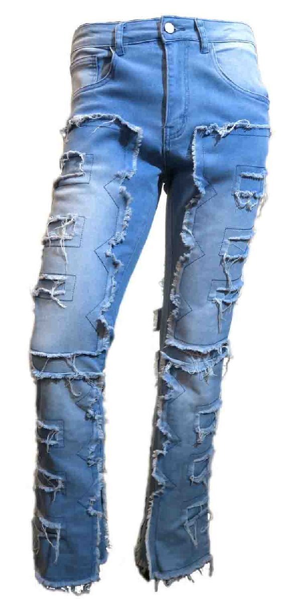 新品 Mサイズ カットオフ フリンジ パッチワーク デニム 2465 メンズ ブリーチ サックス 細めのストレート クラッシュ スキニー ヒッピー拍卖