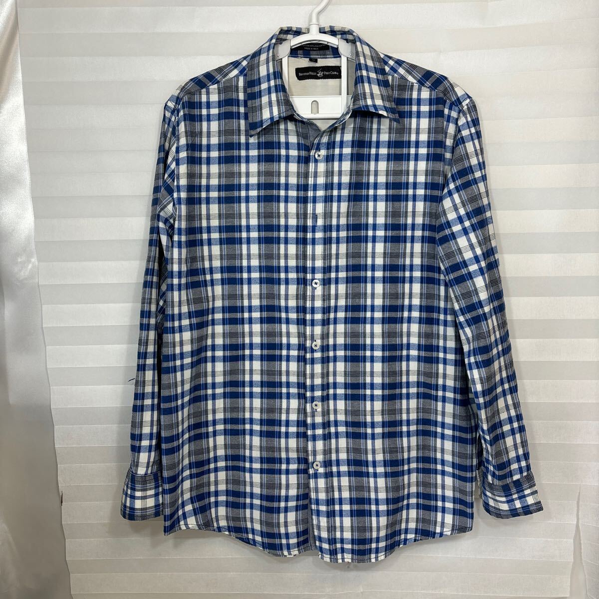 zaa-116♪USユーズド★ BEVERLY HILLS POLO CLUB ビバリーヒルズポロクラブ メンズ 長袖シャツ★チェックブルーUS-M(日本L)拍卖