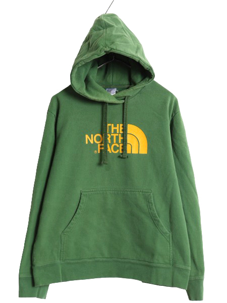 ノースフェイス プリント スウェット フード パーカー メンズ L 古着 The North Face プルオーバー トレーナー アウトドア 裏起毛 グリーン拍卖