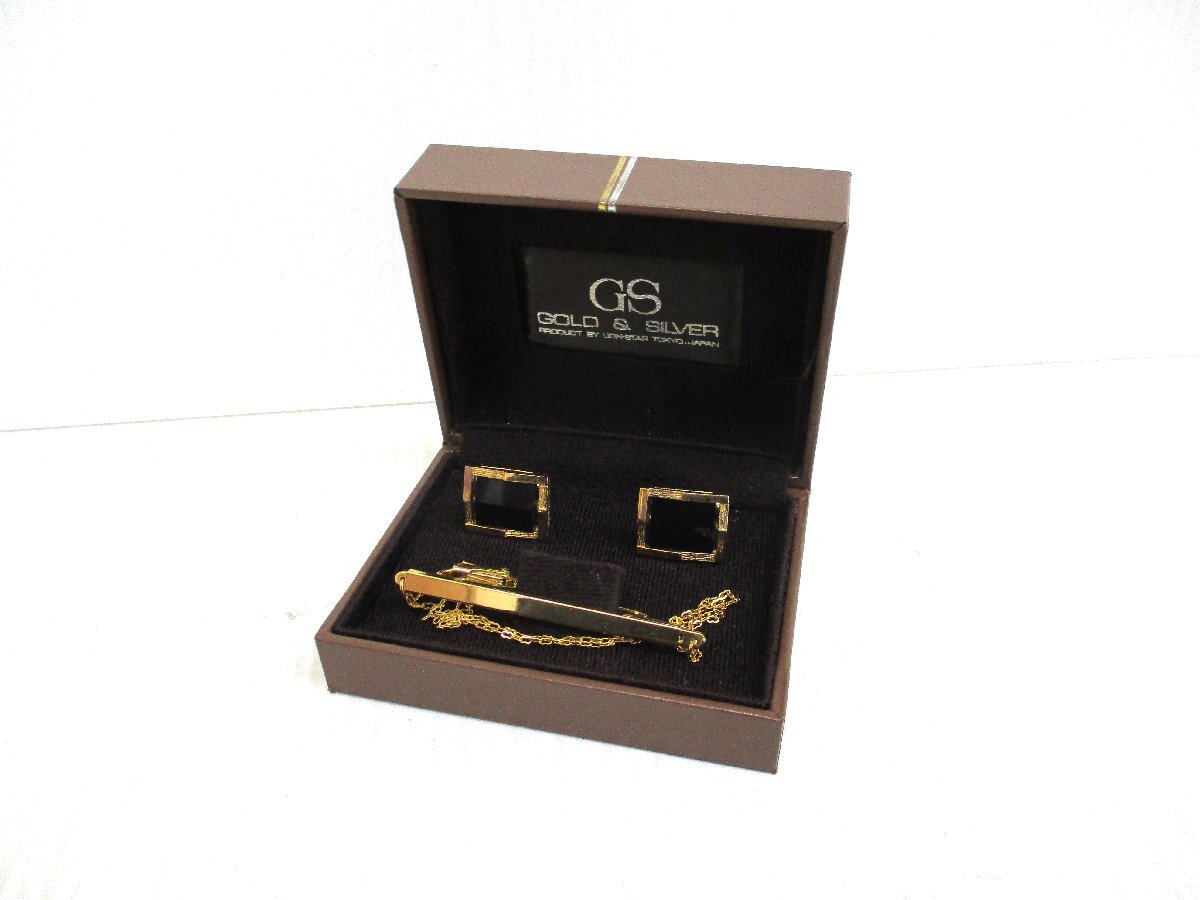 ★ 97358 カフス GS セット LION STAR GOLD & SILVER SILVER刻印 ネクタイピン付 幅2 × 奥行1.8 × 高さ1.7㎝ 中古 ★拍卖