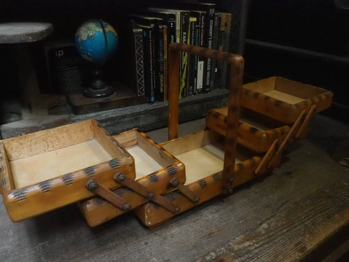 【フランス蚤の市階段裁縫箱】木製ケース古道具アンティーク文具ウッド工具箱インテリア引出しインダストリアル道具箱ドライフラワーレジ台拍卖