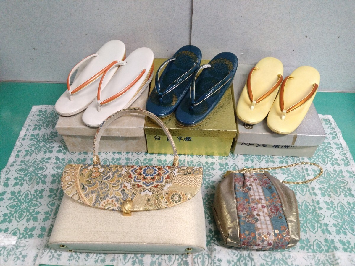 ● キンワシ印 和装 草履 バッグ ターコイズブルー/黄色/クリーム色/刺繍/花紋 5点セット 入学式 結婚式 和装小物 中古 ③拍卖