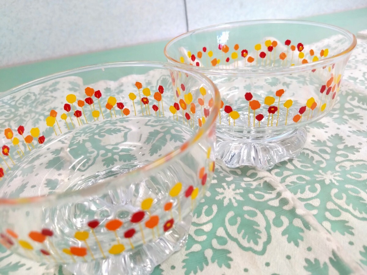 ● レトロ ポップ オレンジ/イエロー/赤 ヴィンテージ デザート アイスクリーム グラス カップ 器 花柄 カフェ 当時物 2点セット 美品 ③拍卖