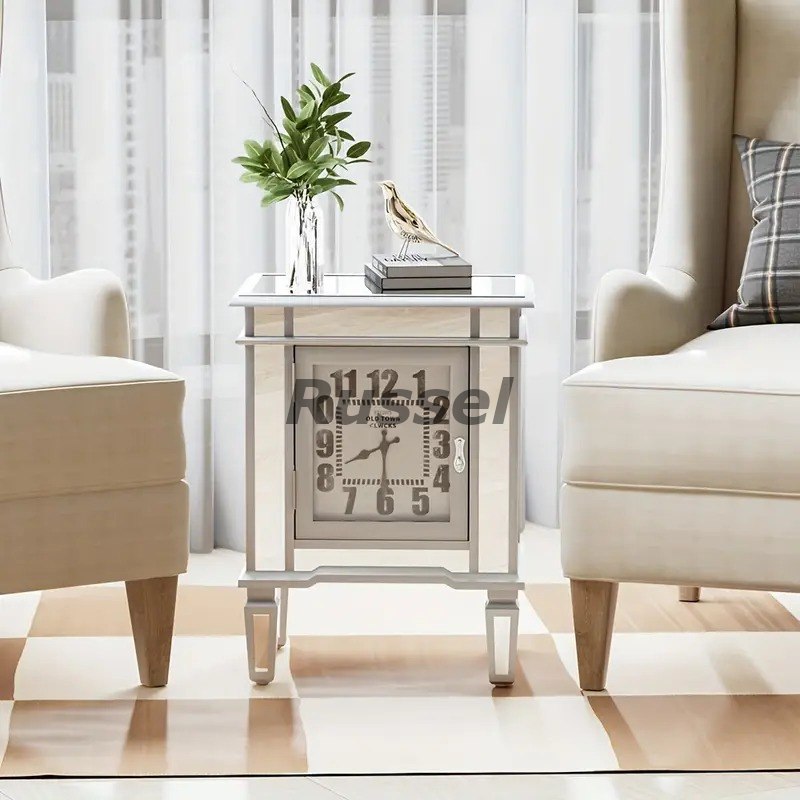 サイドテーブル ミラー 時計付き おしゃれ かわいい インテリア 北欧 スタイリッシュ ナイトテーブル ベッドサイドテーブル シルバー拍卖