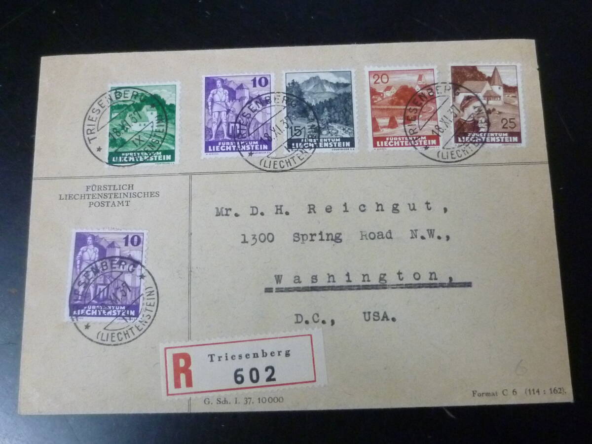 24L M №6 リヒテンシュタイン切手カバー 1937年 SC#137・138・139-41 6枚貼 米国宛 書留便 ※説明欄必読拍卖