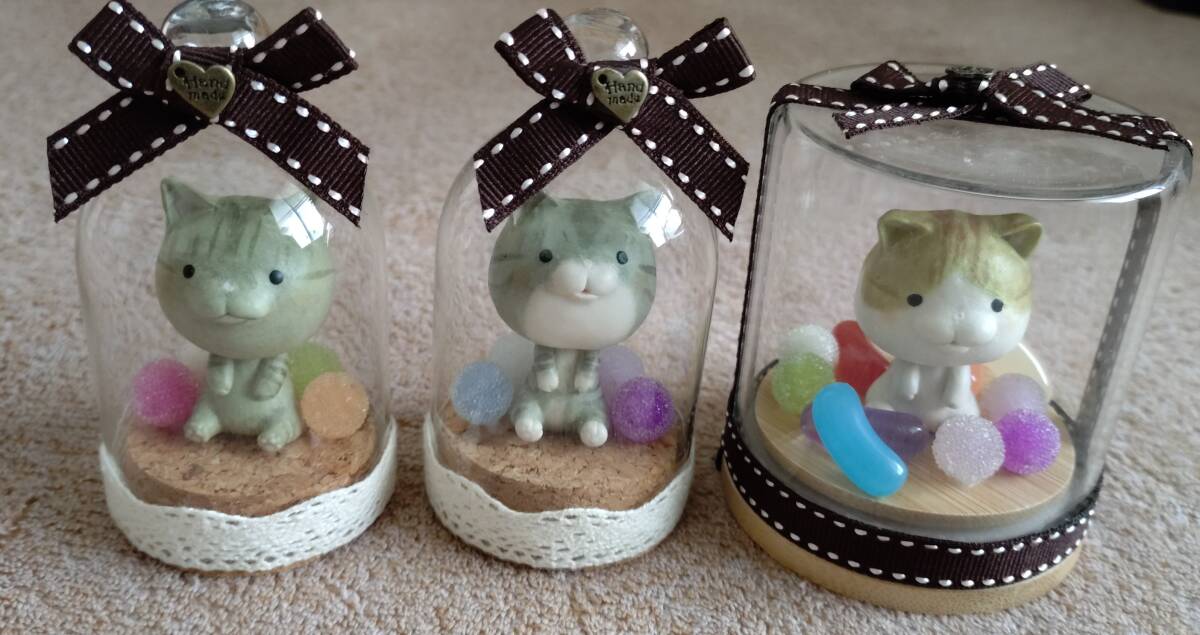 樹脂粘土★猫 ガラスケース置物 3種類セット(ハンドメイド)ねこ ネコ拍卖