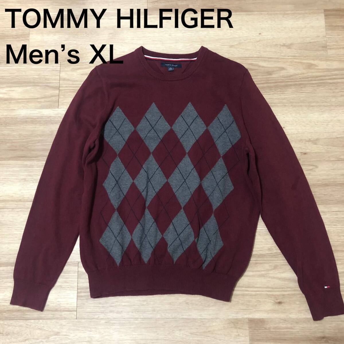 【送料無料】TOMMY HILFIGERニットセーター ワインレッド×グレーアーガイル柄 メンズXLサイズ トミーヒルフィガー長袖拍卖