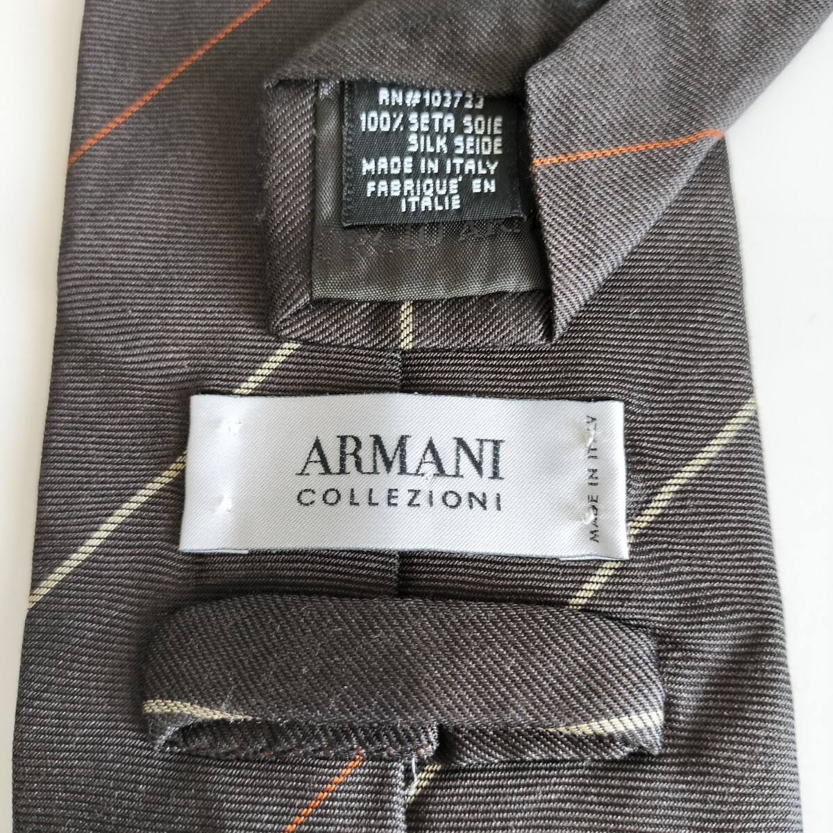 ARMANI COLLEZIONI(アルマーニコレツォーニ)ブラウンオレンジ白線ストライプネクタイ拍卖