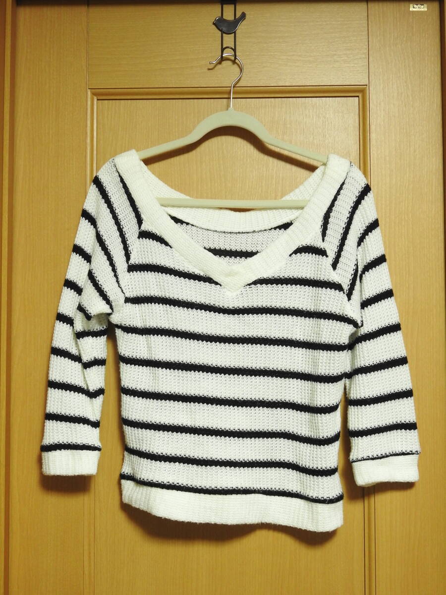ニット セーター ボーダー 白×黒 Mサイズ拍卖