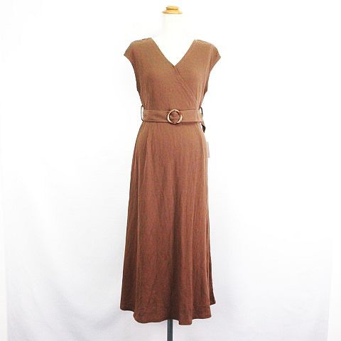 未使用品 ナイスクラップ ナチュラルクチュール ニット ワンピース フレンチスリーブ Vネック ロング丈 前後2WAY F 茶 ※EKM レディース拍卖