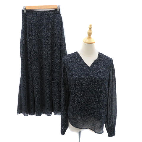 ロペ セットアップ 上下 ブラウス カットソー 長袖 フレアスカート ギャザースカート マキシ丈 ドット柄 36 S 紺 ネイビーレディース拍卖
