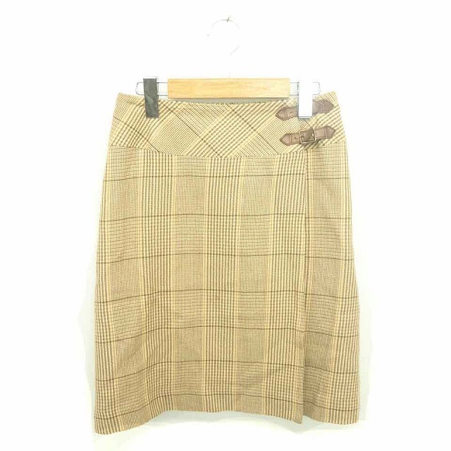 ロペ ROPE スカート タイト ラップ 巻き ひざ丈 チェック ベルト装飾 ウール 60-86 ベージュ ブラウン 茶 /TT4 レディース拍卖
