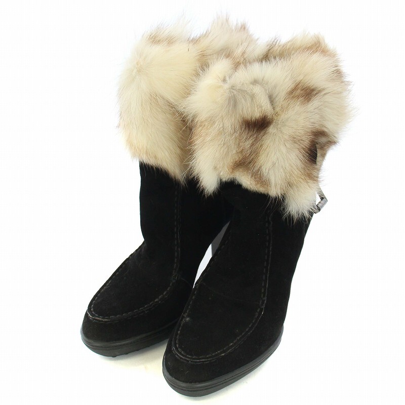 トッズ TOD'S ショートブーツ チャンキーヒール ファー ベルト スエード 35 22cm 黒 ブラック /TK レディース拍卖