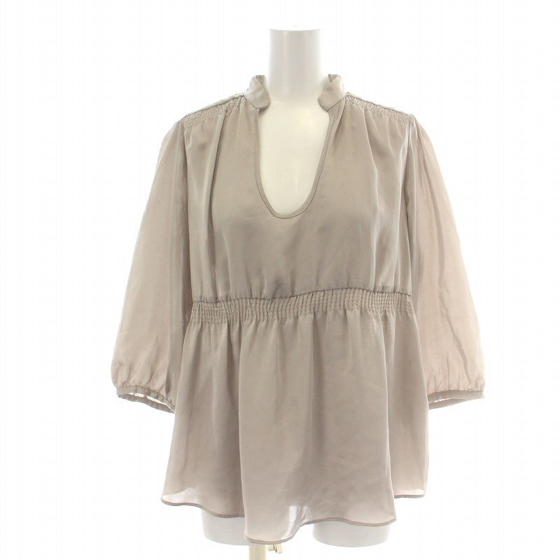 ザラ ベーシック ZARA BASIC ブラウス 七分袖 サテン スキッパー シャーリング S グレー /NW22 ■GY99 レディース拍卖