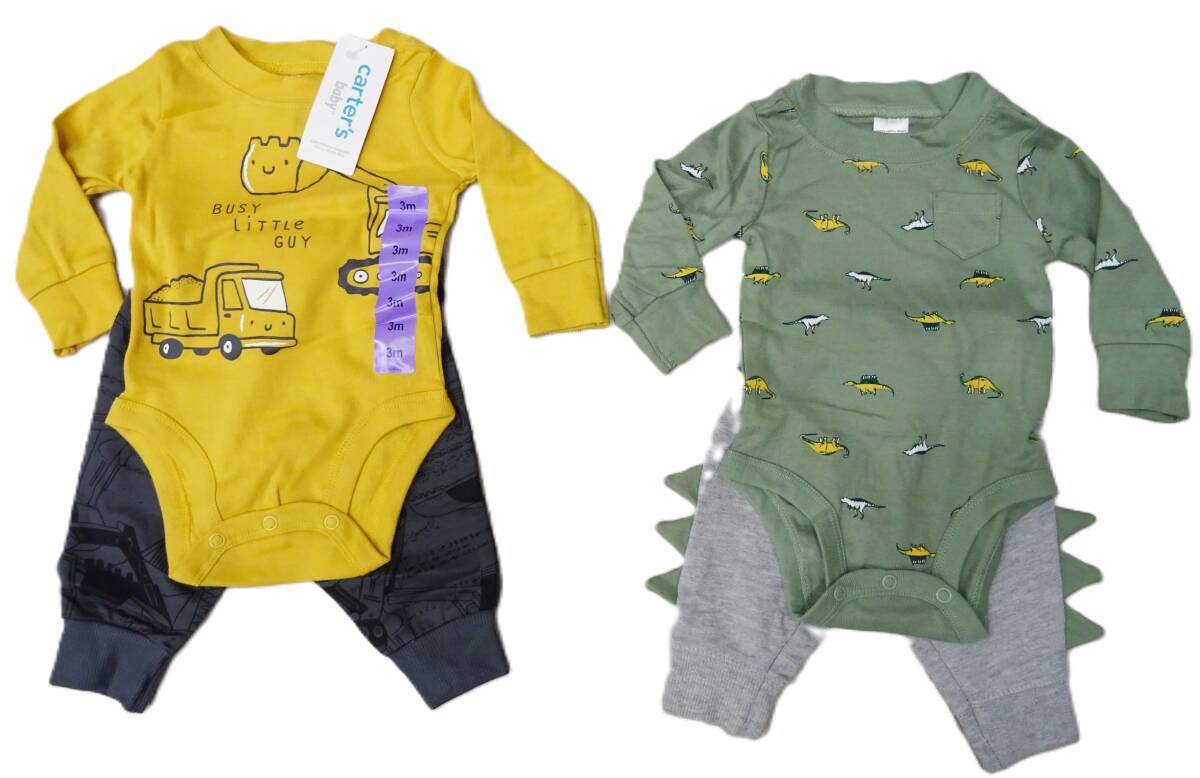 H-070-2 新品 カーターズ carter's ベビー 男の子 ロンパース + パンツ 4点セット 3M(0〜3ヶ月) 恐竜+トラック、ショベルカー拍卖