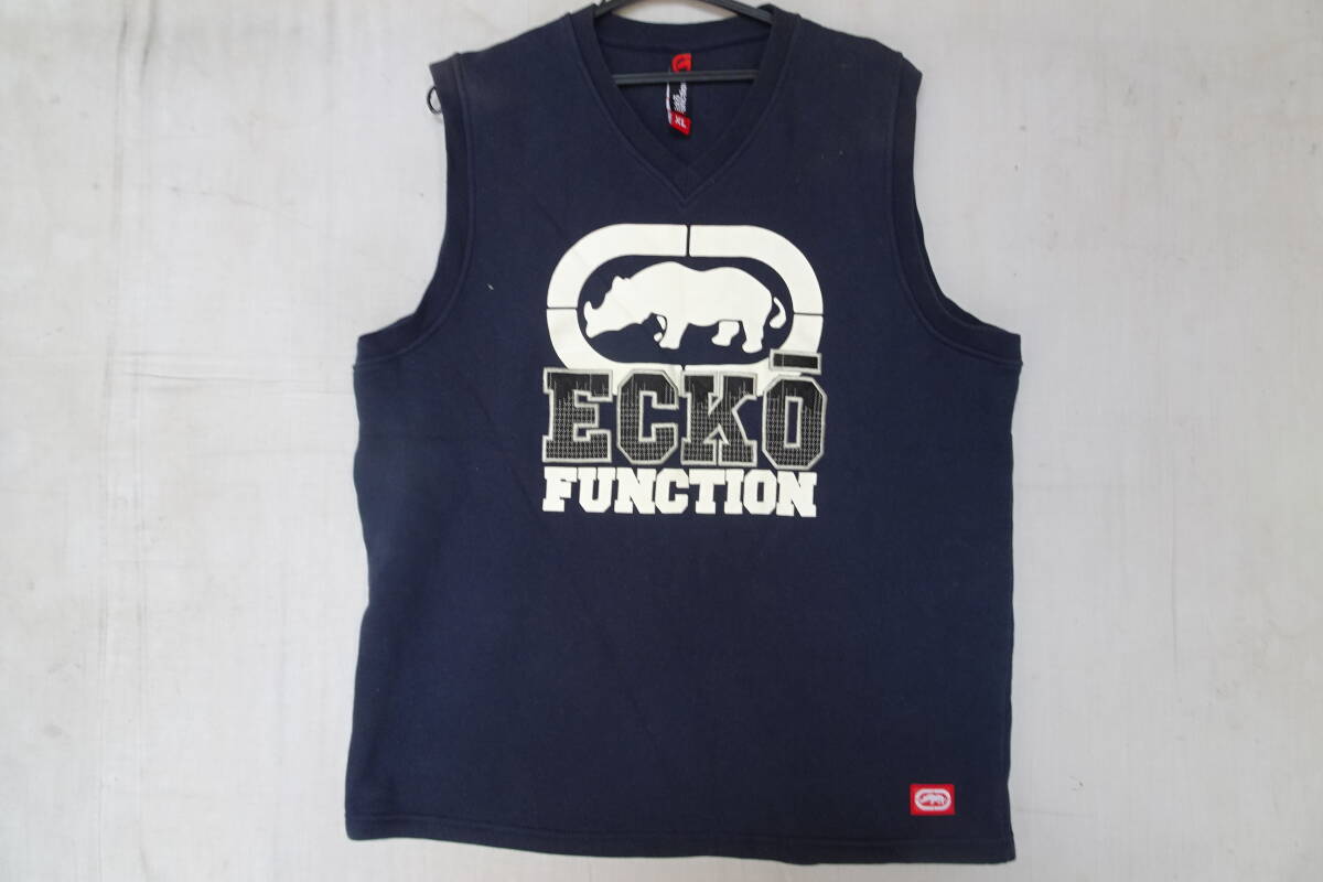 Ecko Function/エコーファンクション/スウェットベスト/Vネック/裏起毛素材/フロントロゴワッペンプリント/紺/ネイビー/XLサイズ(9/26R)拍卖