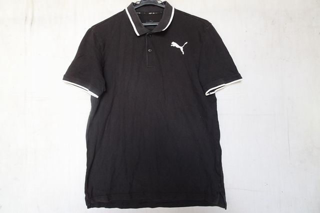 PUMA/プーマ/半袖ポロシャツ/鹿の子素材/襟・袖口端白ライン入/ロゴプリント/裾サイドスリット/黒/ブラック/Mサイズ(9/19R)拍卖
