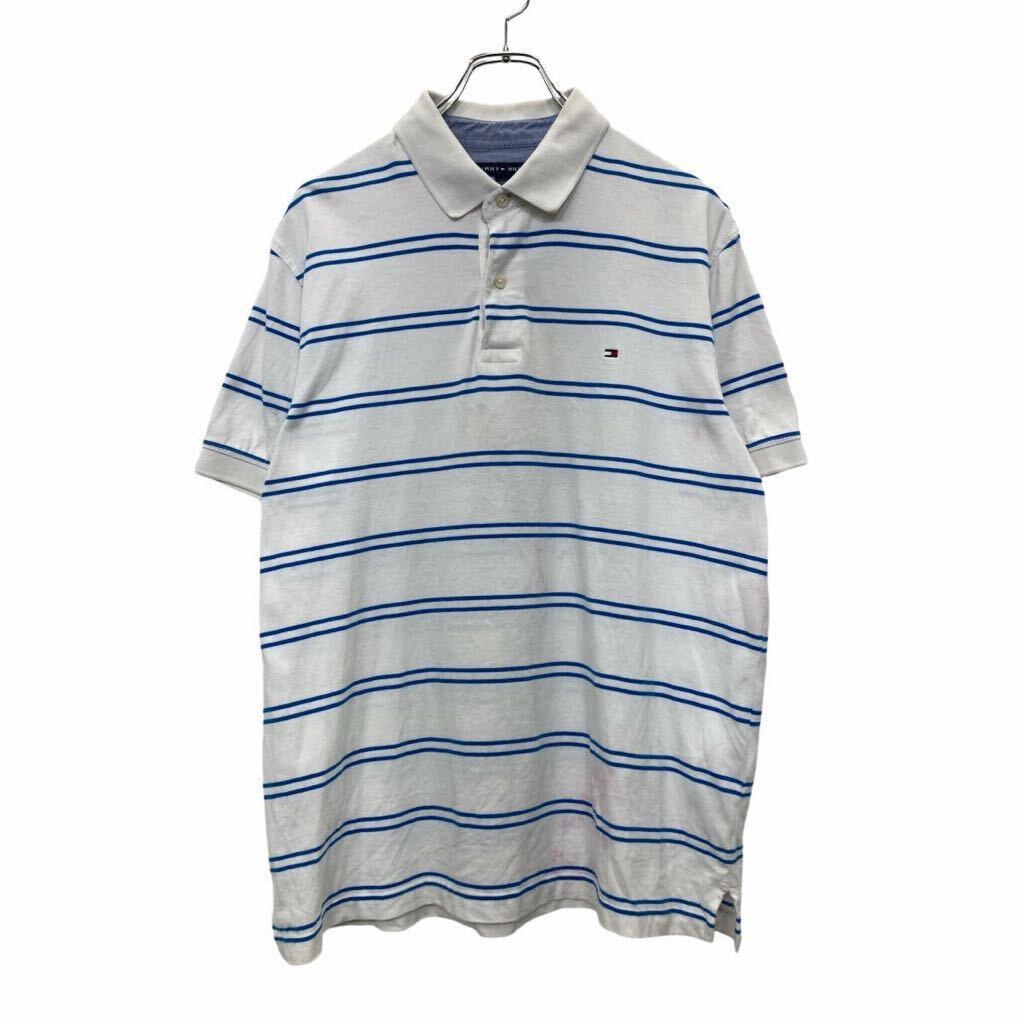 TOMMY HILFIGER 半袖 ポロシャツ Lサイズ トミーヒルフィガー ボーダー ハーフボタン ホワイト ブルー 古着卸 アメリカ仕入 t2409-3593拍卖