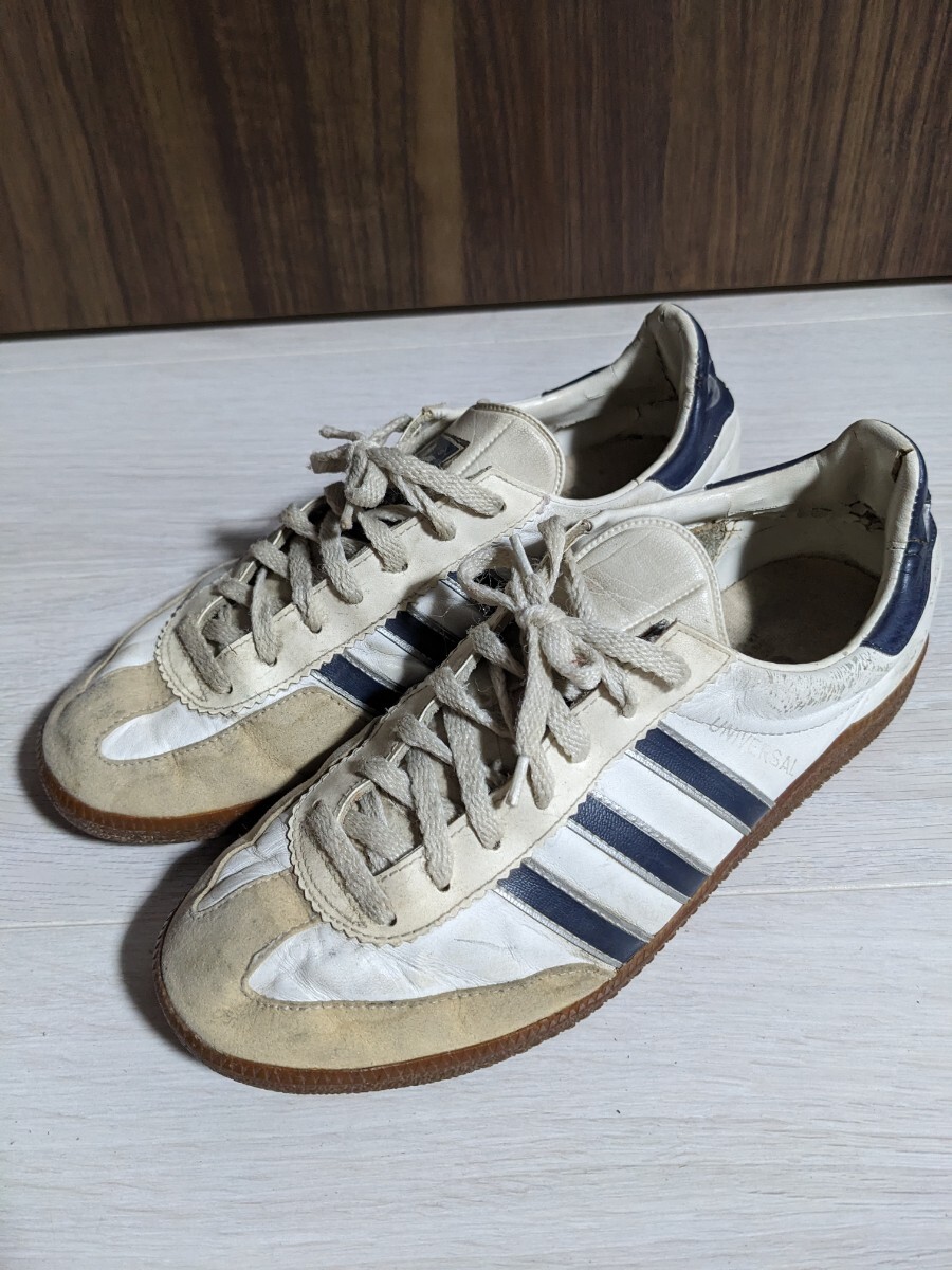 ヴィンテージ 古着 オールド アディダス ユニバーサル 26cm UNIVERSAL スニーカー ユーゴスラビア製 ホワイト ネイビー 銀箔 シルバー 拍卖