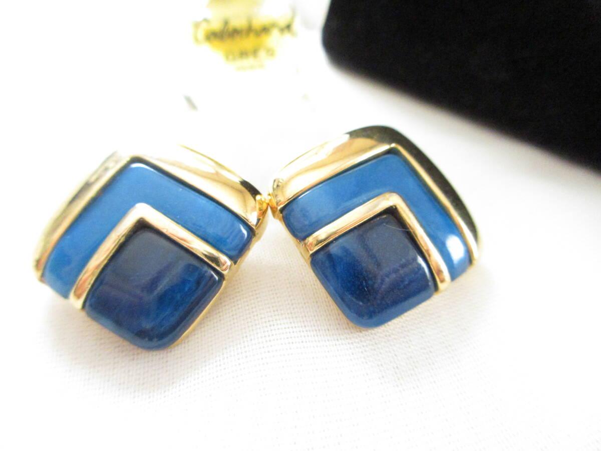 ♪ビンテージ/ヴィンテージ 101525刻印有 金色トーンとネイビーとブルートーンの2色が綺麗 品あるデザイン レトロの素敵なイヤリング拍卖