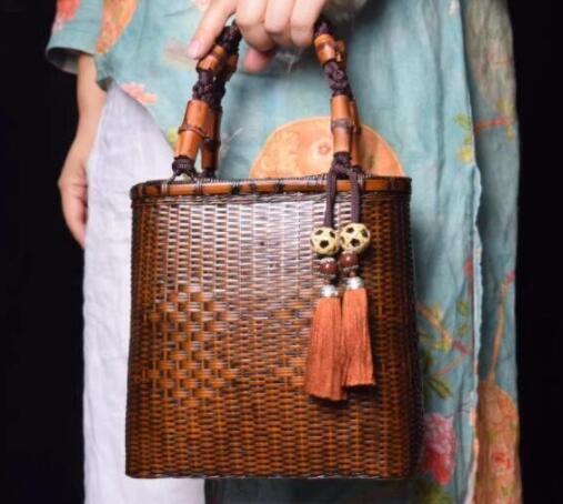 大好評☆竹編みバッグ斜め掛けレトロ竹バッグ茶器収納バスケット拍卖