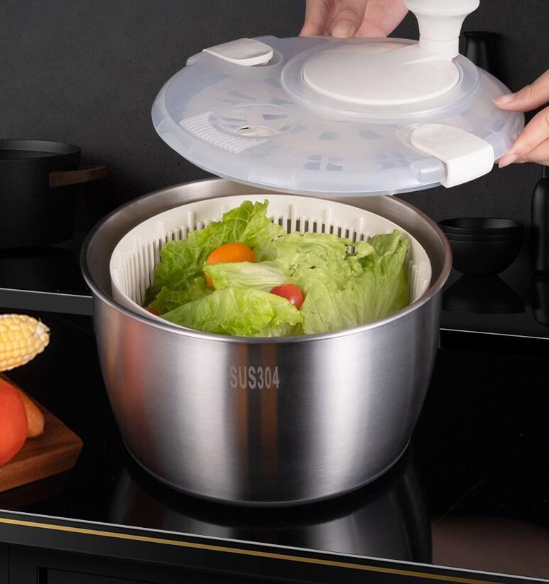 新入荷 野菜サラダ脱水機 5L 手動野菜スピナー 回転可能なハンドルと滑り止めベース付き 二重層は取り外し可能 速度を簡単に制御拍卖