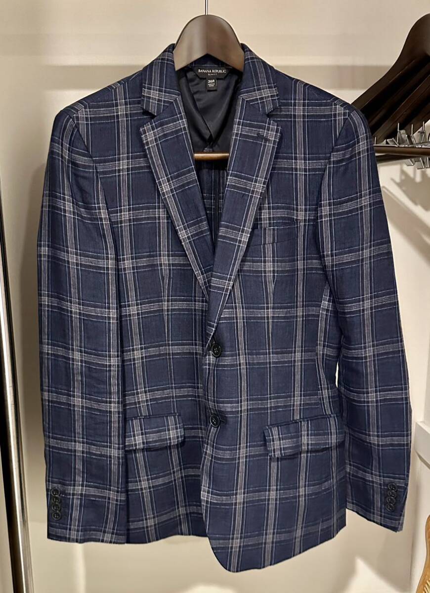 バナナリパブリック チェック リネン 100% テーラードジャケット ネイビー拍卖