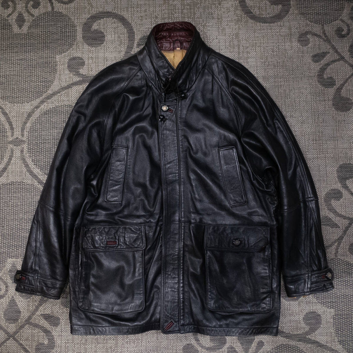 【英国製】XL / 80s 90s Unknown 本革 レザー カーコート ジャケット アウター 黒 ユーロ ヴィンテージ 裏地付 古着 VTG ラグラン レトロ拍卖