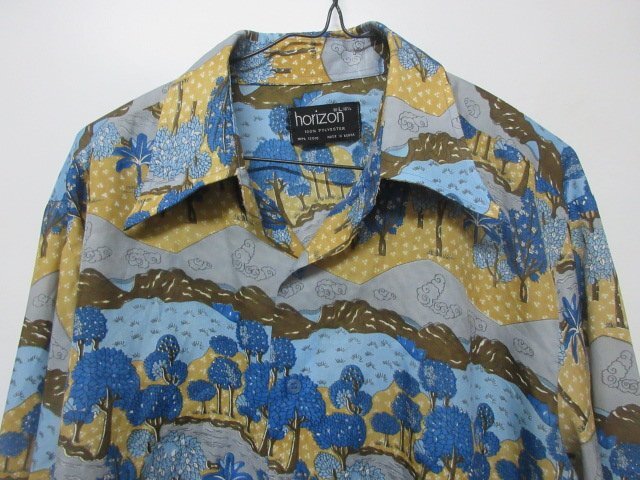 70s vintage 柄シャツ L 青 風景画 horizon ポリエステル ンテージ アメカジ古着 sy1763拍卖