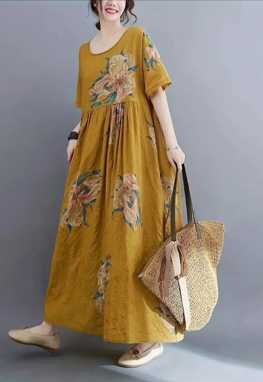 新品 大きいサイズ 2XL~4XL(ワンサイズ) フリーサイズ ワンピース ポケット付き 黄色 花柄 ゆったり拍卖