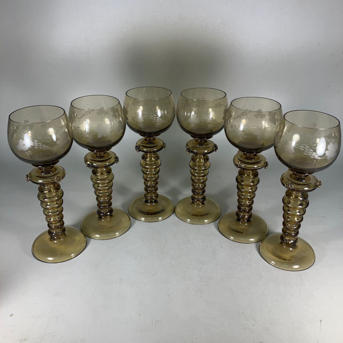 ドイツ アンティーク ワイングラス 洋食器 葡萄画 GLASS アンバー グラス 酒器 インテリア 6客拍卖